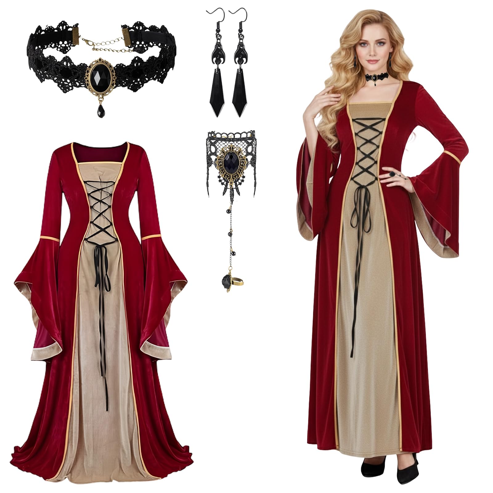 Deguisement Medieval Femme, Costume Medieval Femme avec Collier et Boucles D'oreilles, Robe Renaissance à Manches Cloche, Costume Carnaval pour Fête Rétro Cosplay Halloween