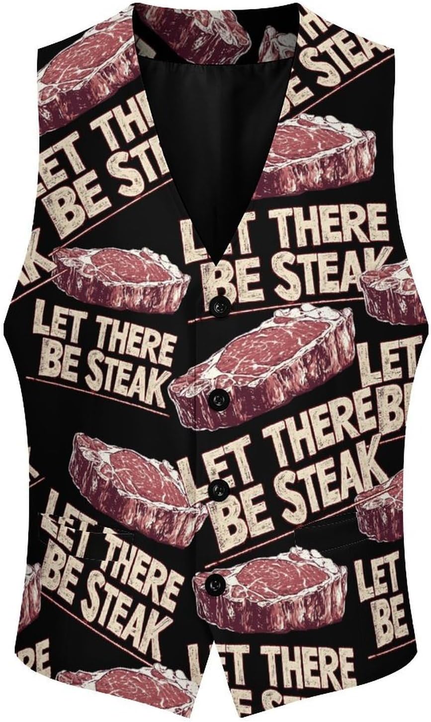 Let There Be Steak Casual Suit Vest for Men Formal Business Dress Regular Fit Waistcoat Tuxedo