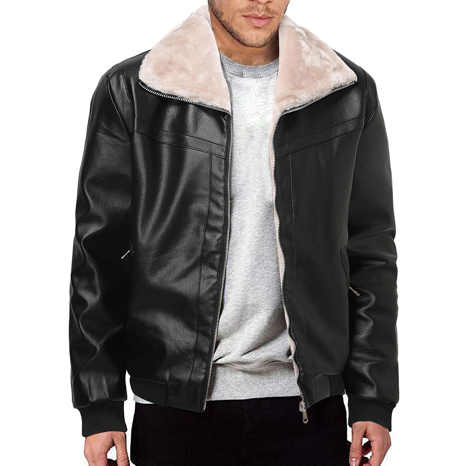 Chaqueta de forro acolchada para hombre de piel sintética cálida con cremallera de motocicleta casual clásica chaqueta de cuero