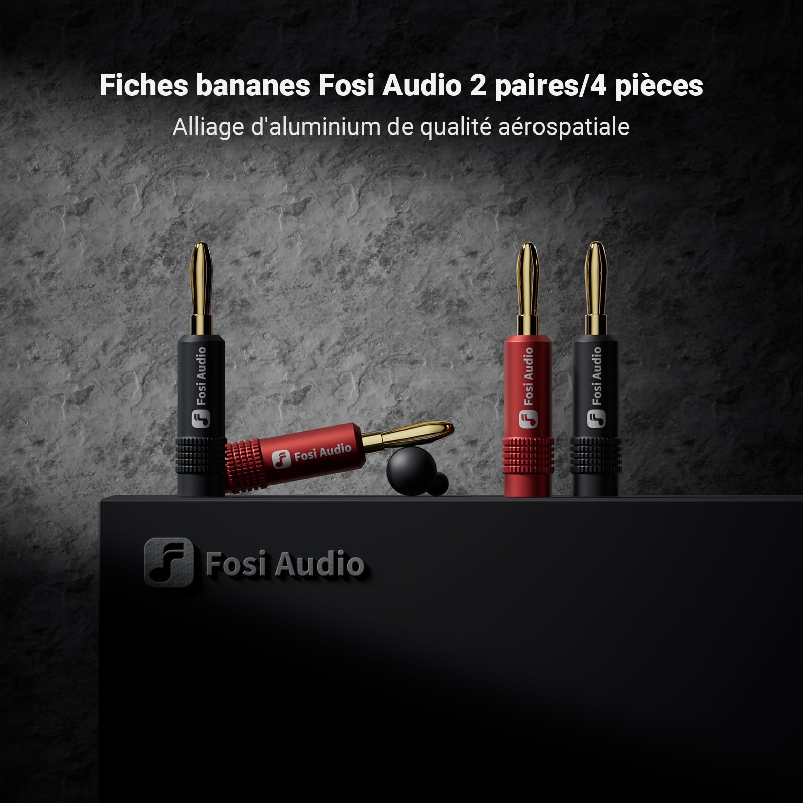 Fosi Audio Fiches Bananes pour Câbles d'enceintes, 2 Paires Plaquées or