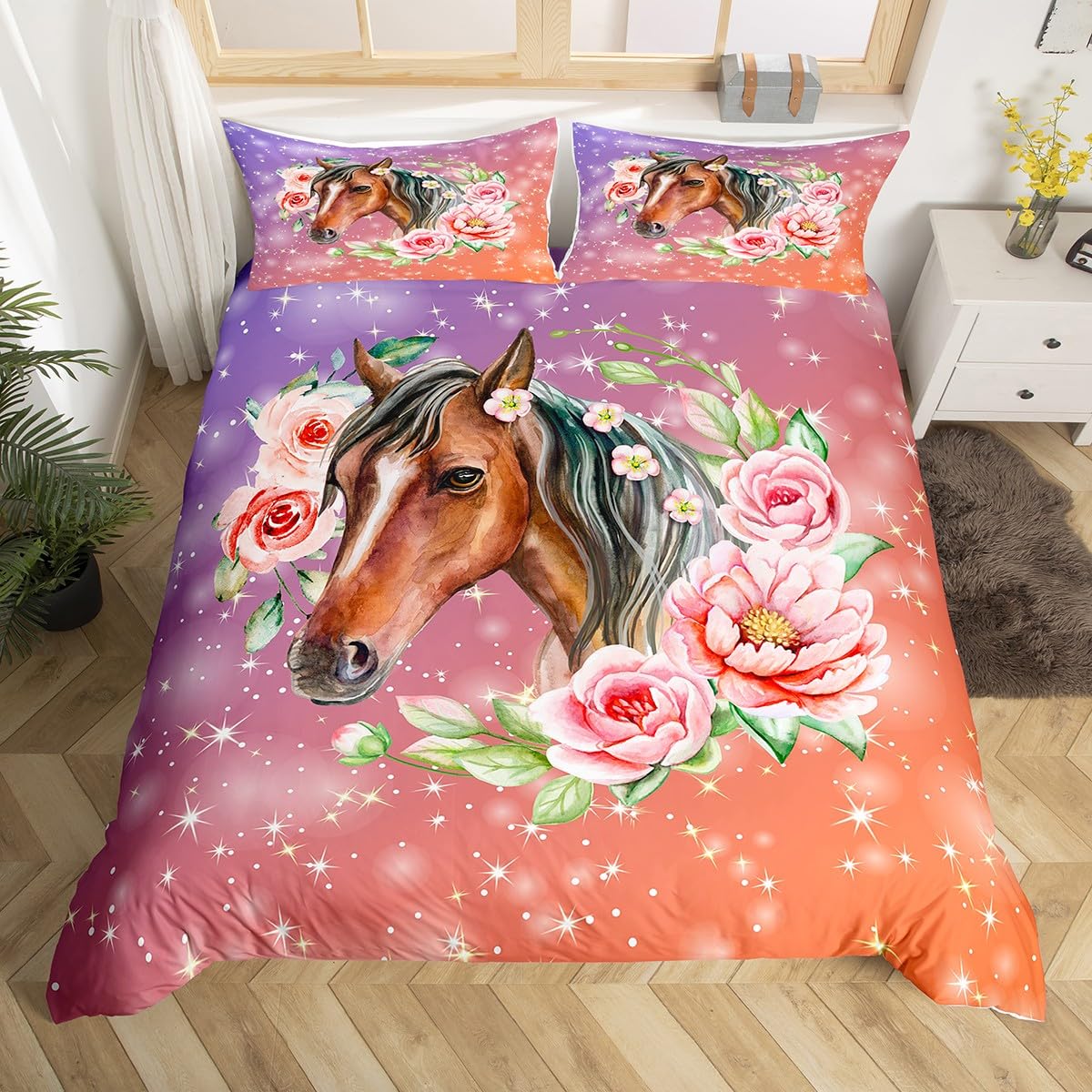 Manfei Cartoon Horse Duvet Cover Set Single Size, Pink Flower Comforter Cover with 1 Pillowcase, Galaxy Floral Horse Bedding Set 2pcs for Kids Boys Girls Bedroom Decor Animal Theme Bedspread Cover