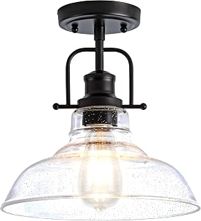 Flush Mount Ceiling Light Fixture < Bulb Included >, Black Metal Frame Ceiling Light Fixture with Seeded Glass, Farmhouse Light Fixture for Kitchen Island Entryway Porch Foyer