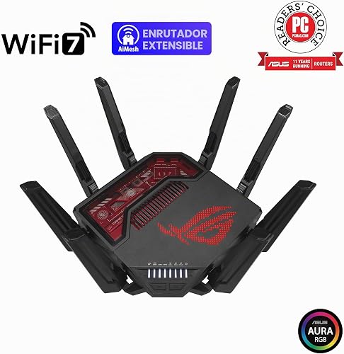 ASUS ROG Rapture GT-BE19000 Tri-band WiFi 7 Gaming Router (320MHz Channels & 4k-QAM, MLO, 2x 10G ports, AI WAN detection, Triple-level Game Acceleration, AiMesh, free network security, VPN features) - 2