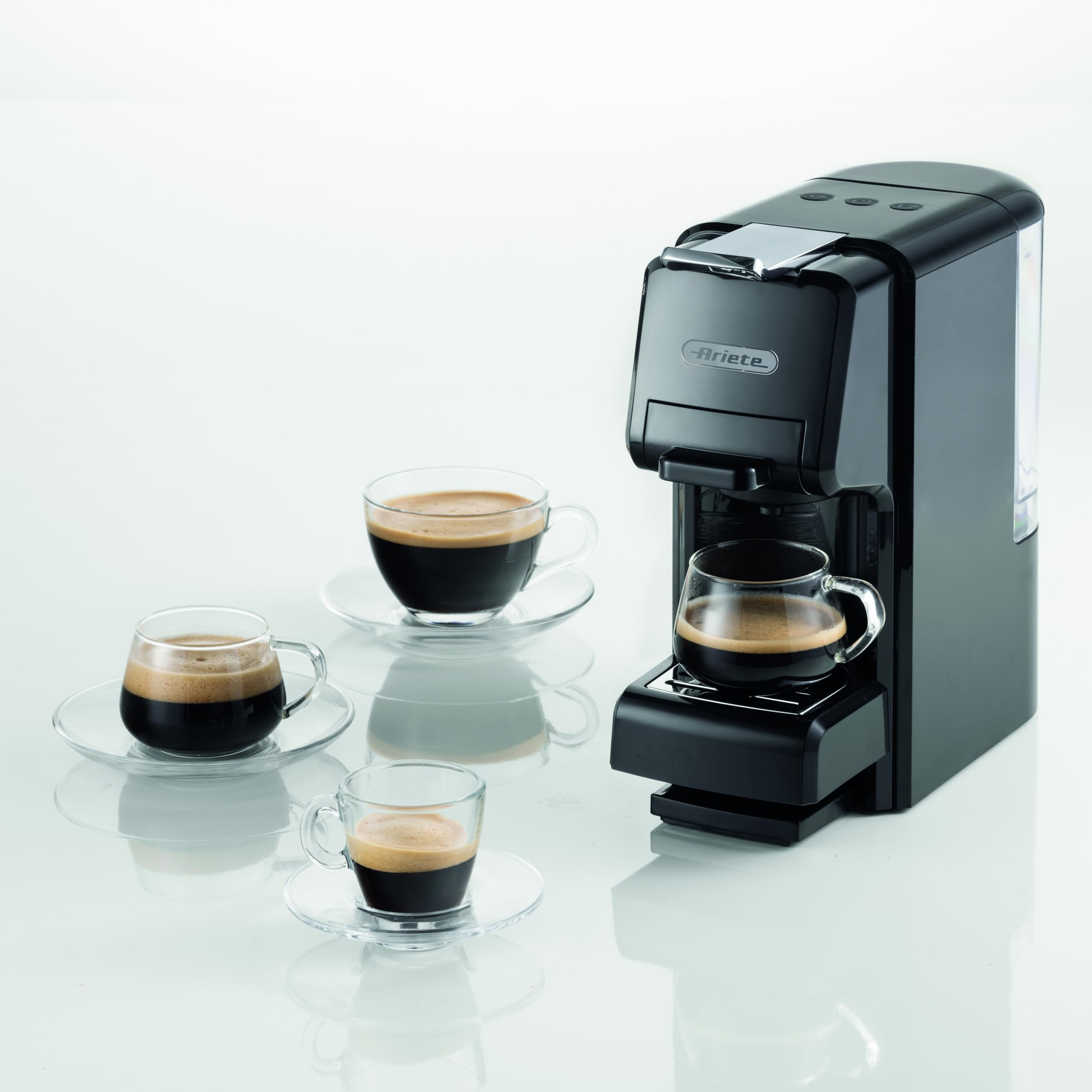 Ariete 1304/1 Kaffeemaschine mit Schubladen, kompatibel mit Nespresso und Dolcegusto-Kapseln, 1350 W, Tankkapazität 0,7 l, Druck 19 bar, 2 Arten von Kaffee, Pads und Pulver, Schwarz