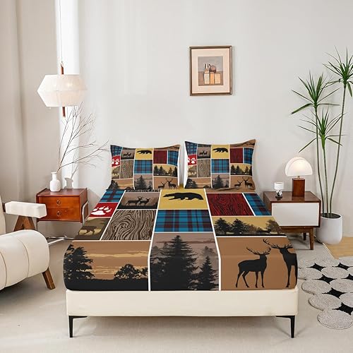 Miniatura 280 de Sábana bajera ajustable de oso de caza, juego de ropa de cama a cuadros de búfalo, sábanas de retazos de cabaña rústica para niños, niños, Multi
