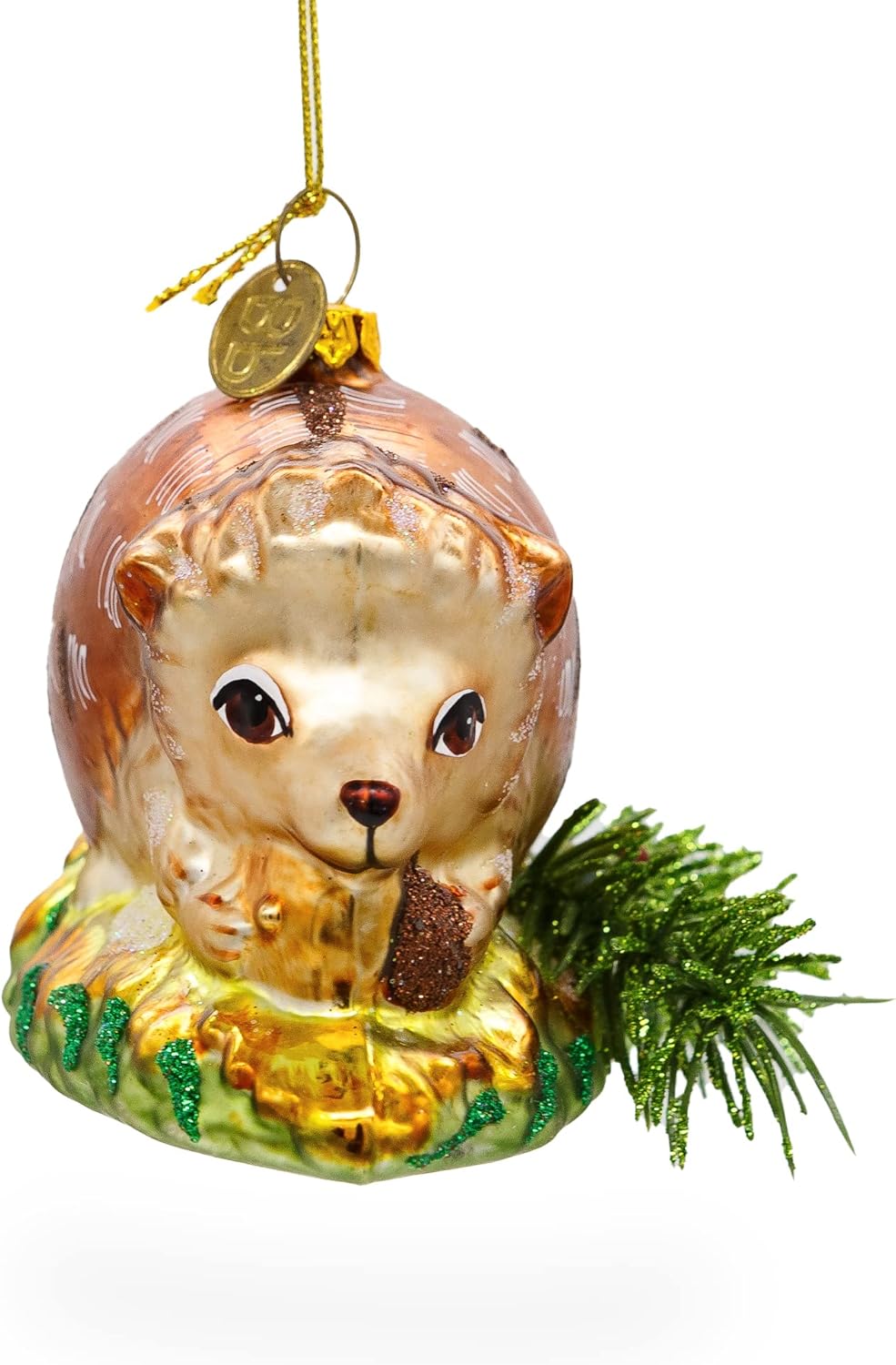 Cute Hedgehog on Grass Blown Glass Christmas Ornament - Image 2
