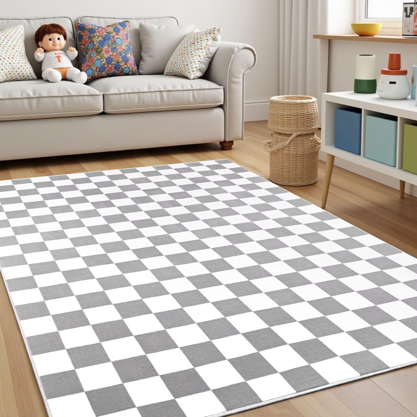 Terrug Alfombra a cuadros gris y blanca para dormitorio, alfombras lavables de 4 x 6 pies