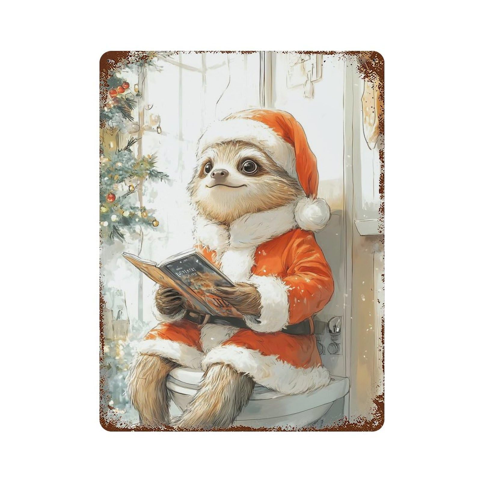 Vintage Rust Metal Sign with Sloth Santa Reading Design 15.7"x11.8", for Garage, Bar And Workshop Decor, Retro Wall Decor