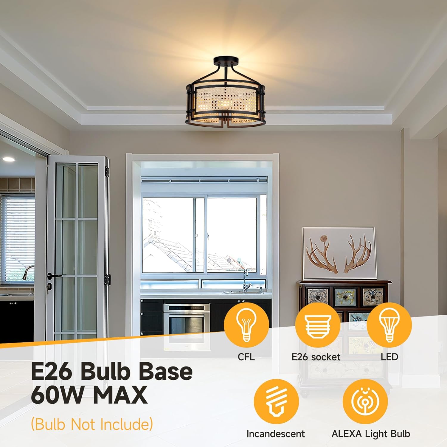 Farmhouse Semi Flush Mount Ceiling Light Fixture, 15 Inch 3-Light Boho Rattan Flush Mount Light Fixtures, Round Ceiling Lights for Kitchen Bedroom Hallway Dining Room