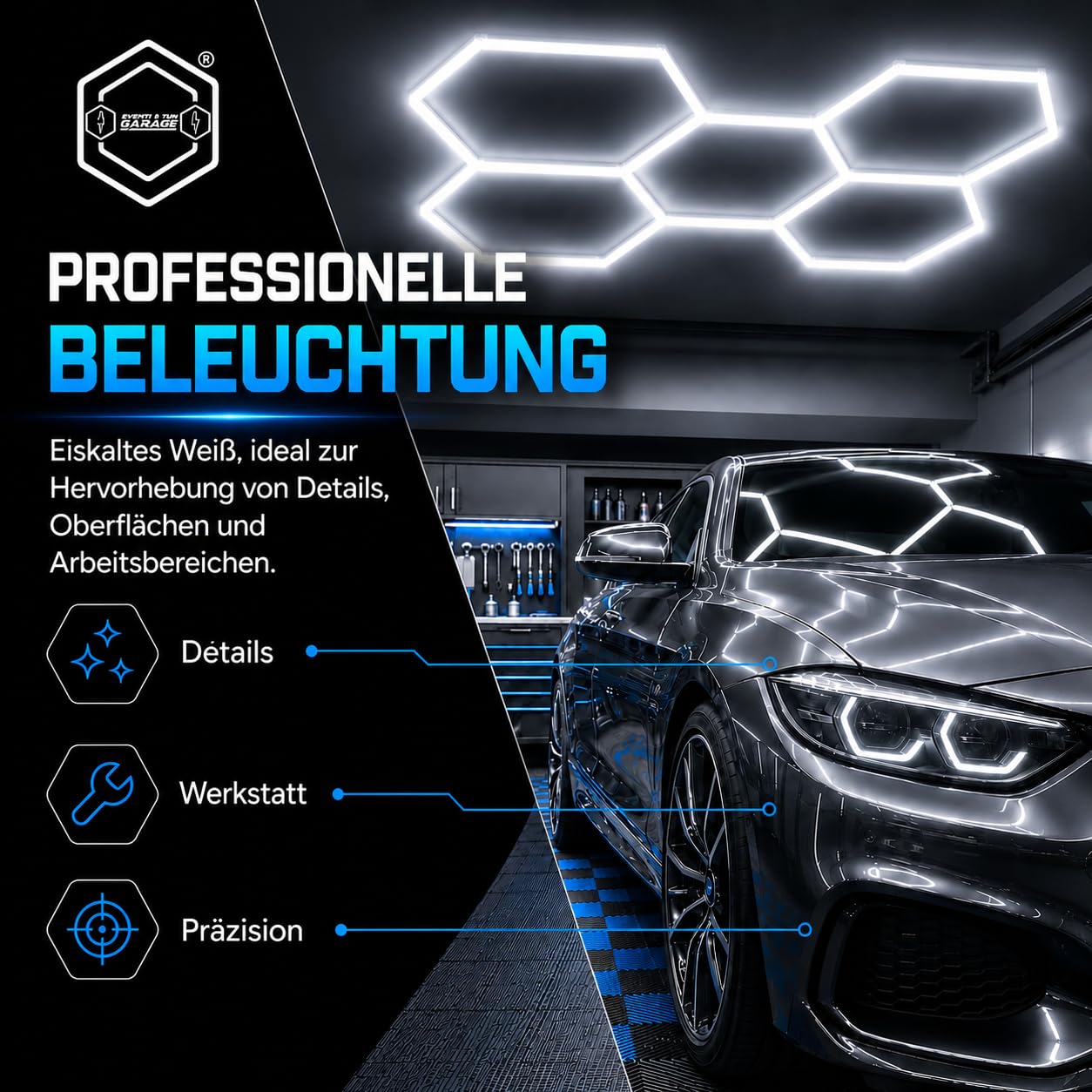 LED-Deckenleuchte, sechseckig, Wabenmuster, modulierbar, 26000 Lumen & 6500 K, für Garage, Werkstatt, Salon, Auto, Fitnessstudio und Barber Shop – [298 x 208 cm]