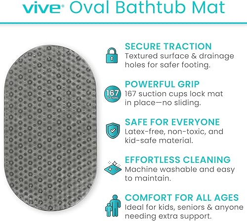 Miniatura 2 de Vive Tapete ovalado para bañera, almohadilla antideslizante para el suelo de la ducha, antideslizante y antideslizante para bañera con fuerte agarre