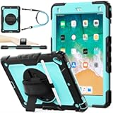 Case for iPad 6th / 5th Generation Case/Air 2 / Pro 9.7 inch, Heavy Duty Protective with Screen Protector, with Pencil Holder, Hand Strap, Shoulder Strap, 360 Rotate Stand, SkyBlue+Black