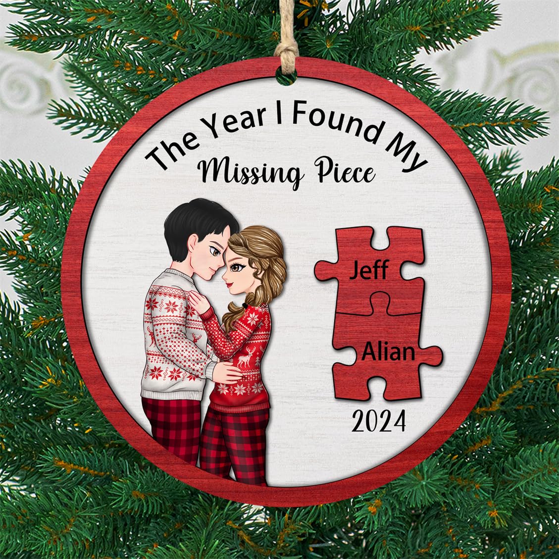 The Year I Found My Missing Piece Ornament 2025 Personalized Couple Puzzle Christmas Ornament Custom Portrait Puzzle Piece Xmas Tree Ornaments Keepsake for Husband Wife Engagement Wedding,01