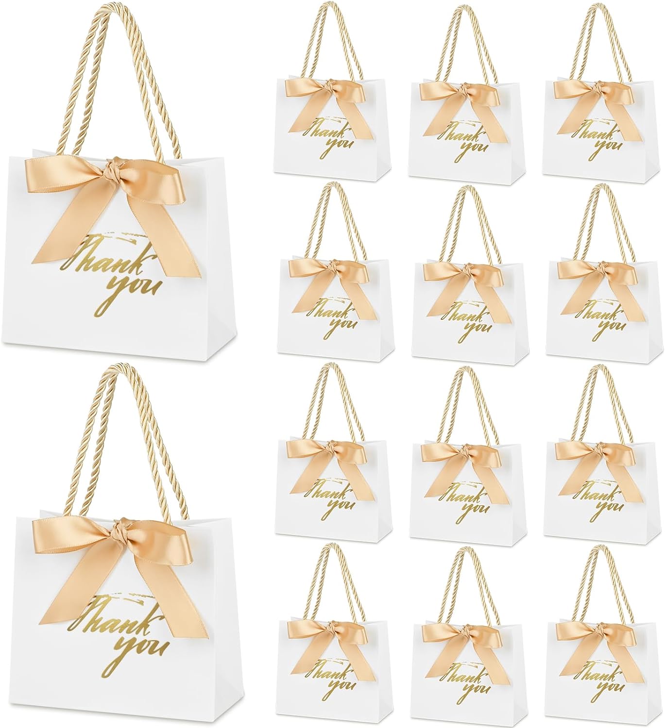 Mauproy 20 Pack Small Thank You Gift Bags with Handles, 5.5''x 2.5''x 4.7'' Mini Paper Gift Bags with Ribbons Party Favor Bags for Valentine's Day Wedding Baby Shower Bridal Shower (White)