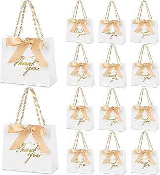 Small White Thank You Gift Bags with Handles, 5.5" x 2.5" x 4.7", 20 Pack | Mini Paper Gift Bags with Ribbons, Party Favor Bags for Bithday, Wedding, Baby Shower, Bridal Shower