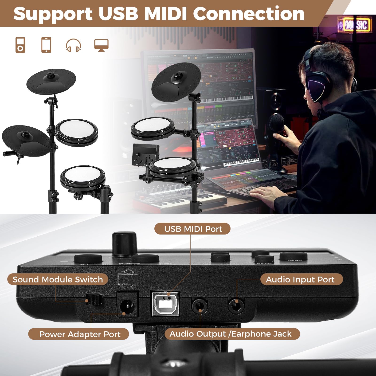 KOMFOTTEU Batería Electrónica con Pads, Batería Musical con 150 Sonidos, 10 Demostraciones, Platos de 24 cm, Instrumento Musical con Taburete Ajustable, Pedales, Baquetas y Auricular, USB MIDI