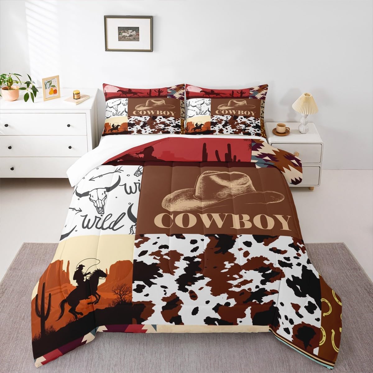 Western Cowboys Kids Comforter Set Twin Size,Horseshoe Hat Cow Skull Retro Bedding Set,Girls Boys Adults Room Decor,Aztec Pattern Plaids Patchwork Down Comforter,Rustic Duvet Insert,1 Pillowcase