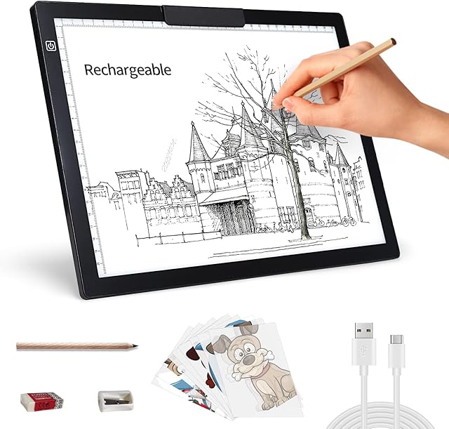 A4 Light Box, Rechargeable LED Light Pad with 6 Level Adjustable Brightness, Tracing Light Box Pad for Artists Drawing Sketching Animation,Tracing, Calligraphy, Wireless Battery Powered Light Pad