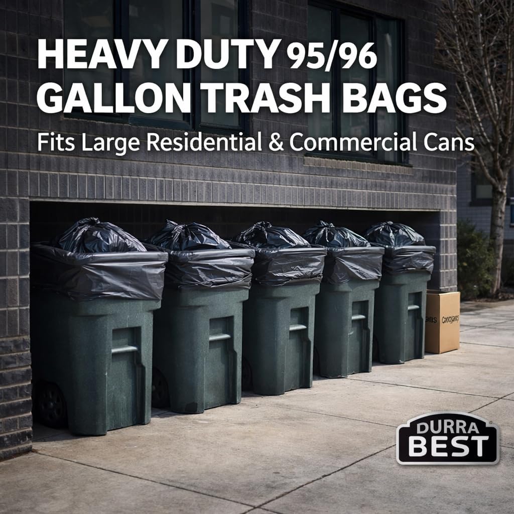 95-96 Gallon Heavy Duty Trash Bags – 1.4 Mil Extra Large 61" x 68" Garbage Bags for Rollaway Cans & Large Outdoor Trash Bins – Tear & Leak Resistant Commercial Liners – 40 Count Black, Made in USA