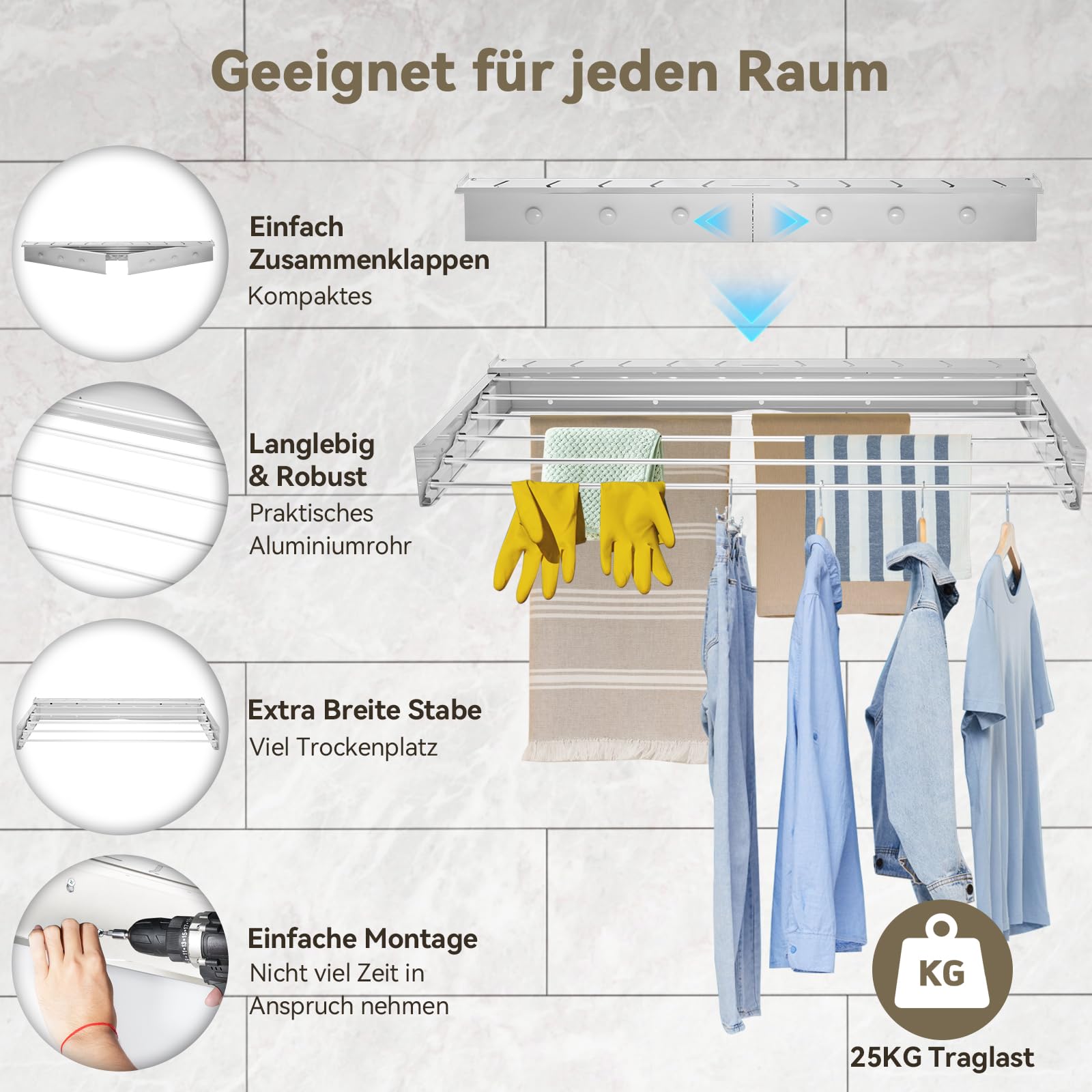 Wäschetrockner Wand, Wäscheständer Wandmontage, 100cm Wäscheständer zum Ausziehen Wand für Badezimmer, Balkon, Terasse, platzsparend Wandwäschetrockner ideal für Indoor & Outdoor (Weiß - 100cm)
