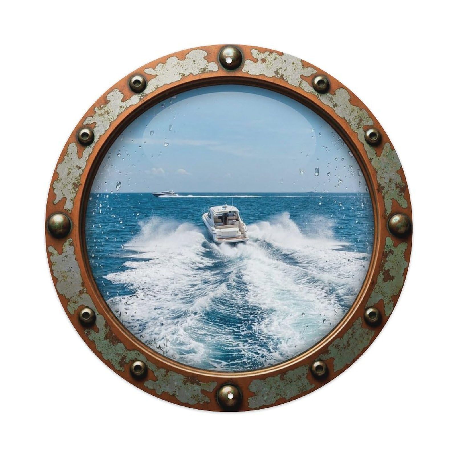 Vintage Porthole Speedboat Wake Nautical Window View Vintage Metal Tin Sign Plaque Wall Decor for Cafe, Club Bar, Office, Garden Metal Poster 8x8Inch