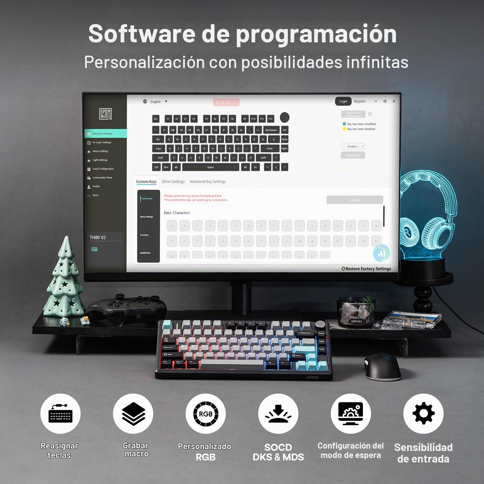 EPOMAKER TH80 V2 75% Teclado Gaming Mecánico Inalámbrico, 8000mAh&2.4G/BT, Hot-Swap, Tecla PBT, Modificador de Mac, RGB&Luz Lateral, Tecla Programable&Perilla, para Mac/PC (Negro, Creamy Jade)