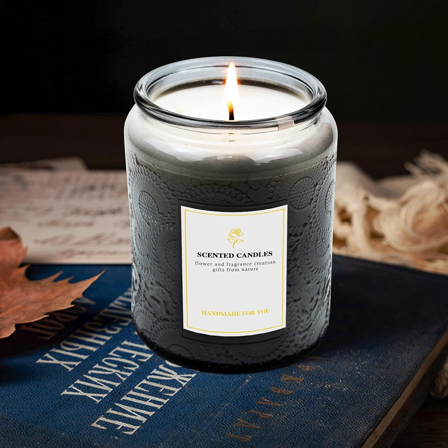 8.8OZ, 9 Pack Embossed Candle Jars for Making Candles, Empty Glass Containers with Tin Lids and Sticker Label, Warning Label for Candle Making Candle DIY Craft (Grey)