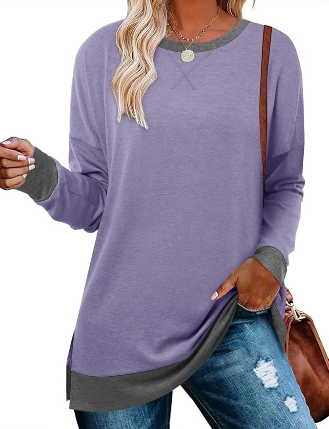 BETTE BOUTIK Women's Drop Long Sleeve Sweatshirts Casual Crewneck Tunic Tops Sweartshirts With Side Slits S-3XL