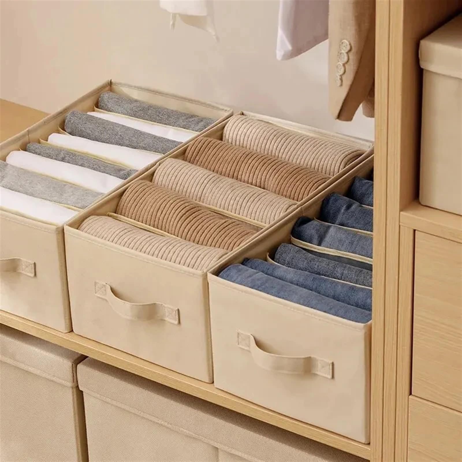 Boîte De Rangement Pliante Organisateur de garde-robe lavable, 6 pièces, diviseur placard pliable, tiroir sous-vêtements, boîte séparation en maille for T-shirt, Legging, etc(Beige,7-grids)