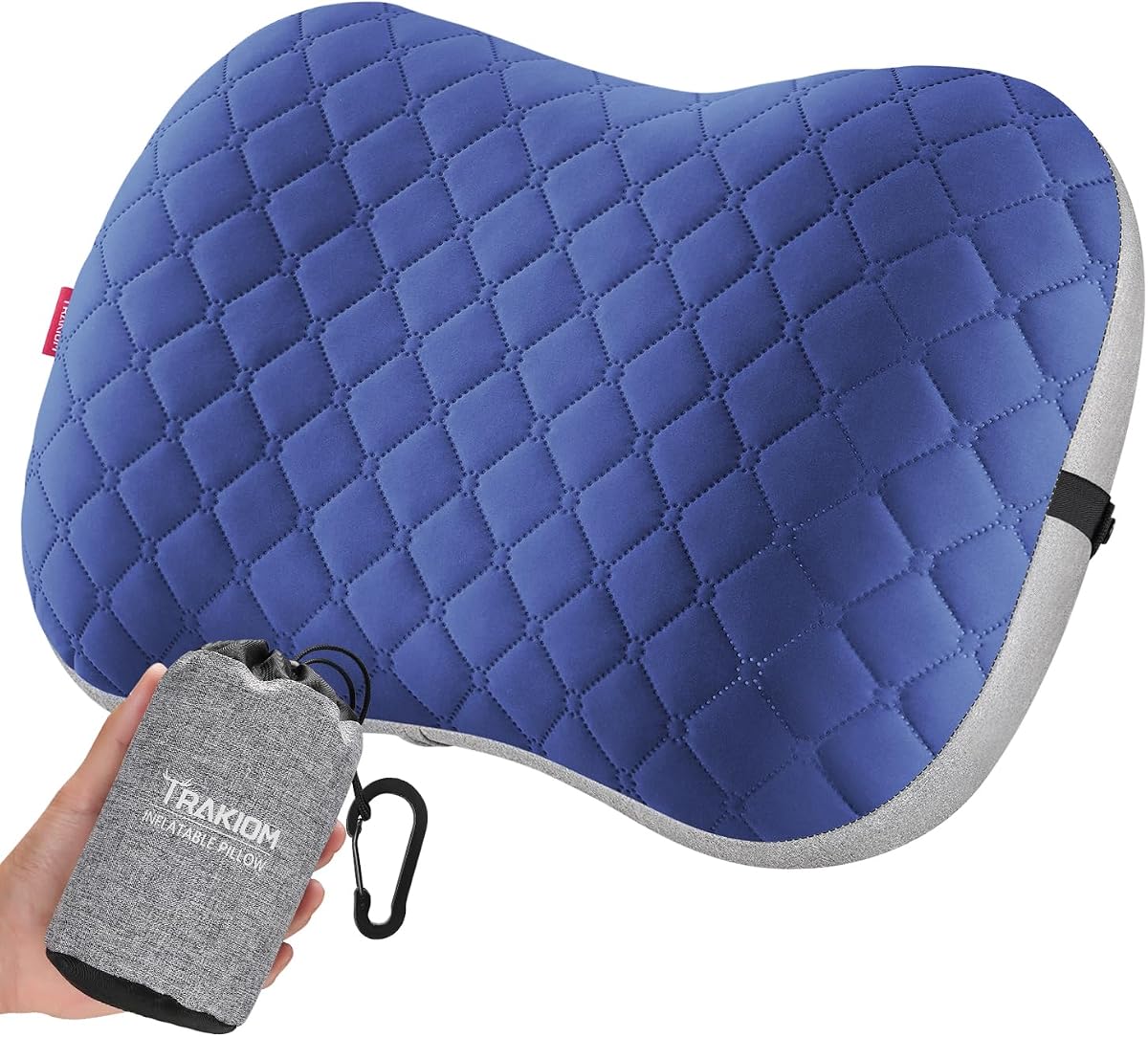 Inflatable Camping Pillow with Carabiner, Air Travel Pillow | Removable Washable Cover, Ultralight Ergonomic Neck & Lumbar Support, for Backpacking Hiking Airplanes Beach Sleep