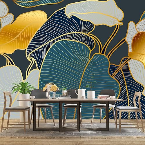 Miniatura 3 de Mural de pared de hoja botánica dorada para sala de estar y dormitorio, 91 x 65 pulgadas (no se puede despegar ni pegar)