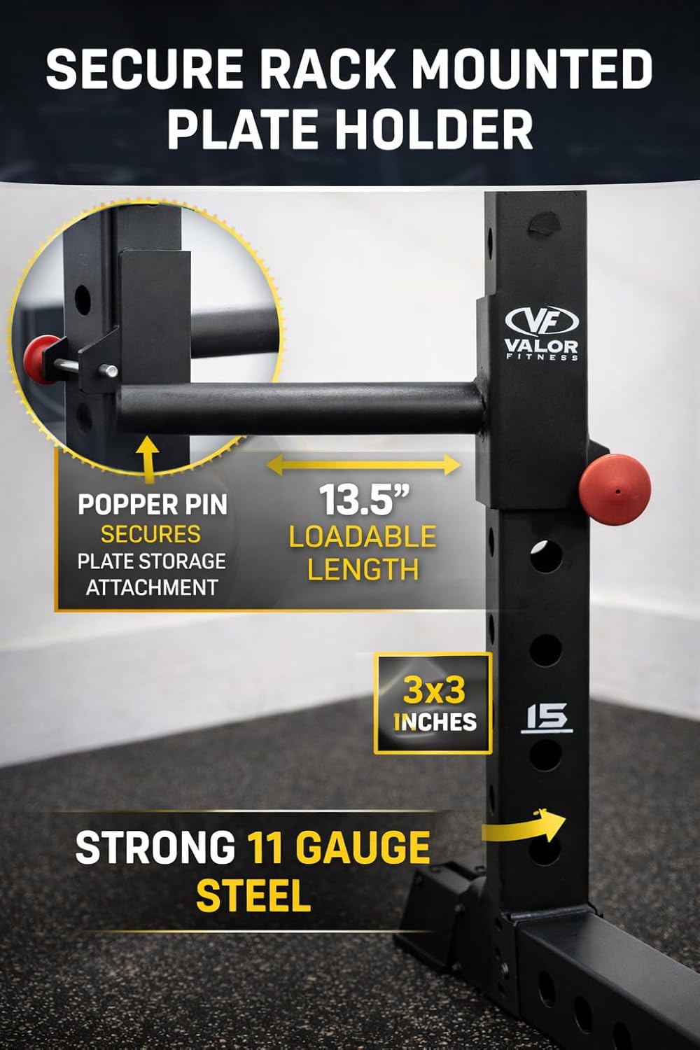Valor Fitness Pair Plate Storage Attachment Insert for 3" x 3" Power and Squat Racks - Olympic 2" Weight Plate Holder - 11-Gauge Steel - Strength Training Gym Accessory
