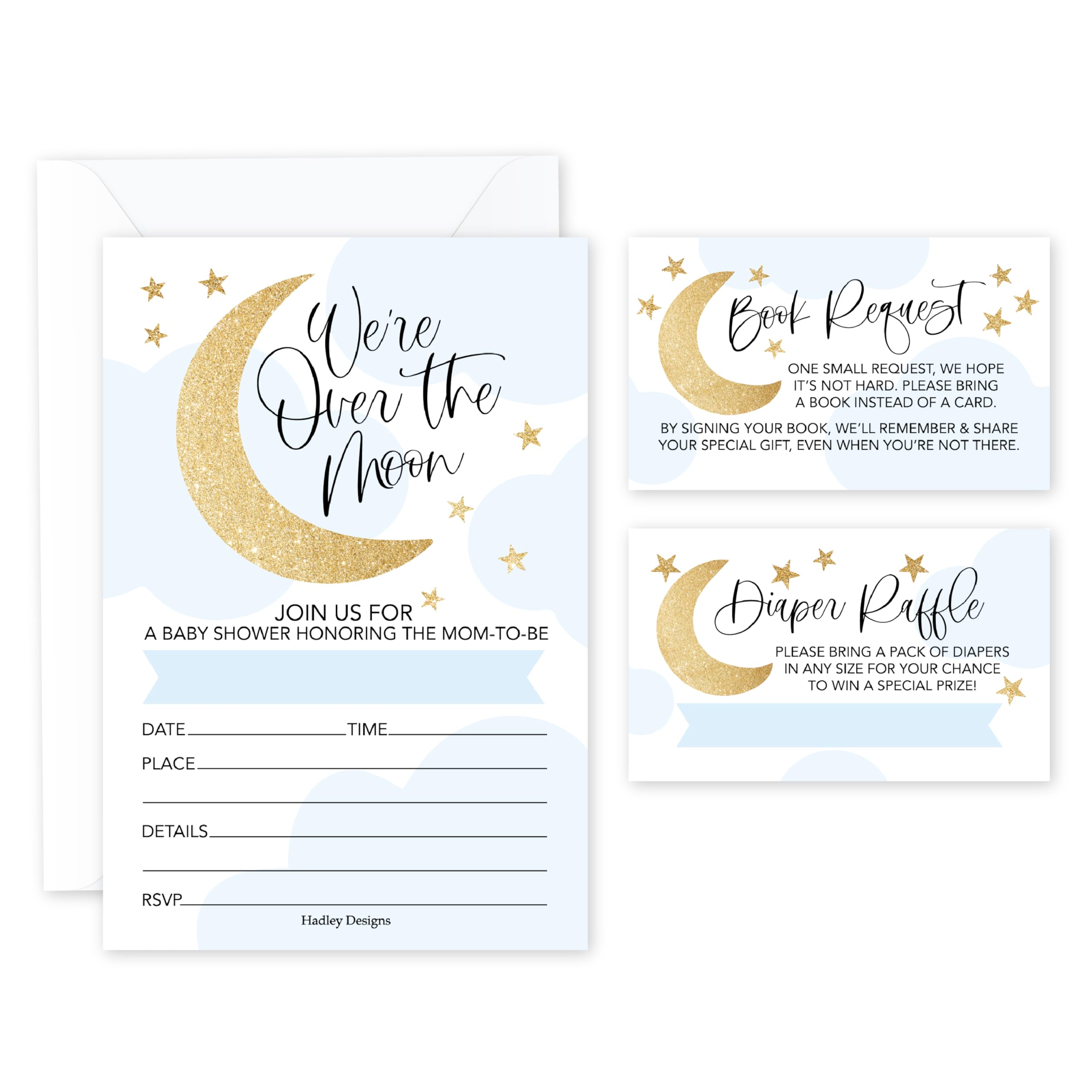 Hadley Designs Baby Shower Invitations For Boy -15 Baby Shower Invites for Boy with Diaper Raffle & Book Request Cards, Moon & Stars Babyshower