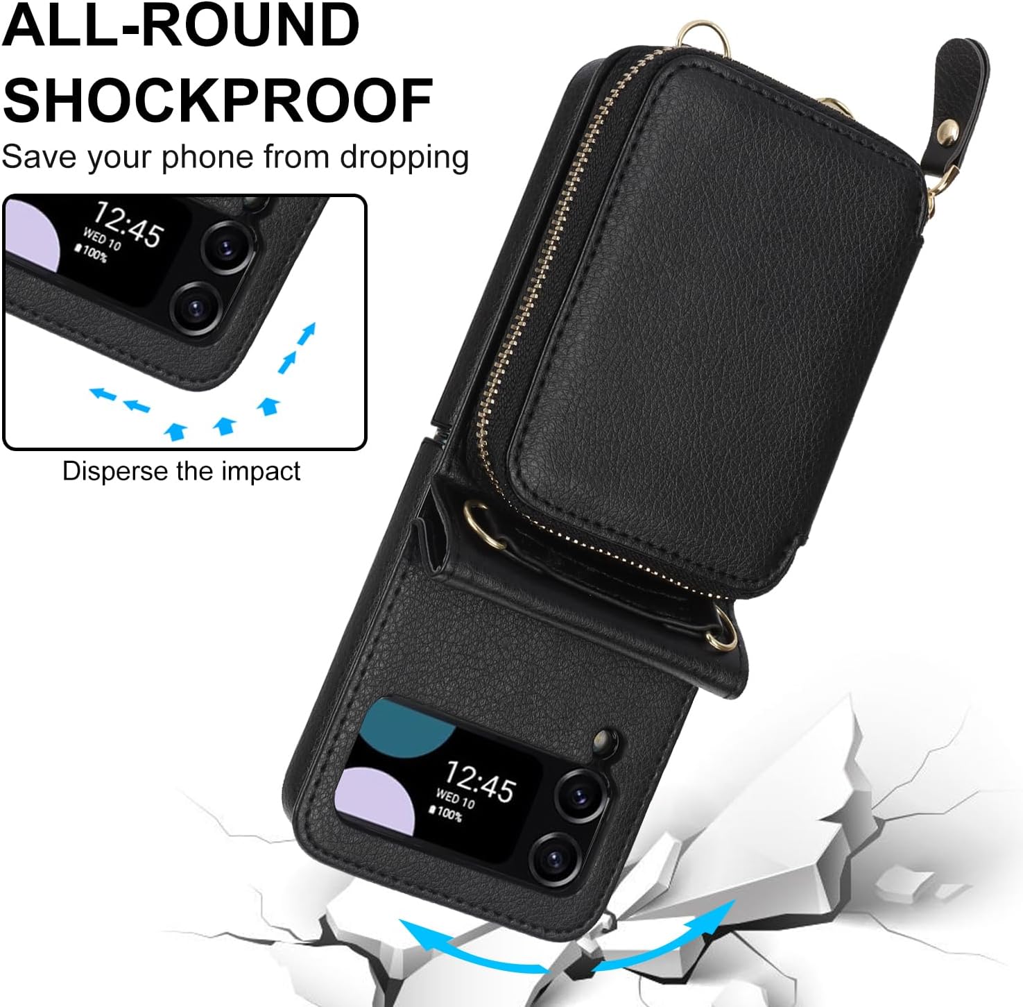 Asuwish Phone Case for Samsung Galaxy Z Flip 4 5G 2022 Wallet Cover with Credit Card Holder Zipper Slot Shoulder Crossbody Strap Lanyard RFID Blocking Cell Purse ZFlip4 Z4 Flip4 4Z Women Girls Black