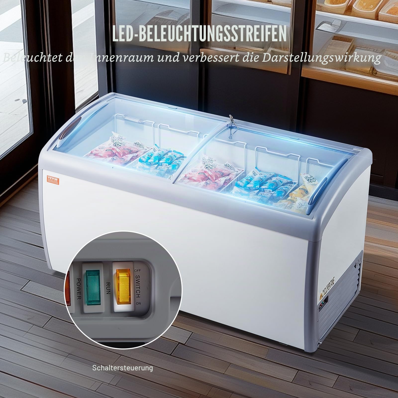 VEVOR Kommerzielle Eiscreme-Vitrine, 460 L Gefriertruhe, Mobiler Tiefkühlschrank mit Glasplatte, Restaurant-Gelato-Tauchschrank mit 5 Drahtkörben, 2 Glasschiebetüren, Feststellrollen, Weiß