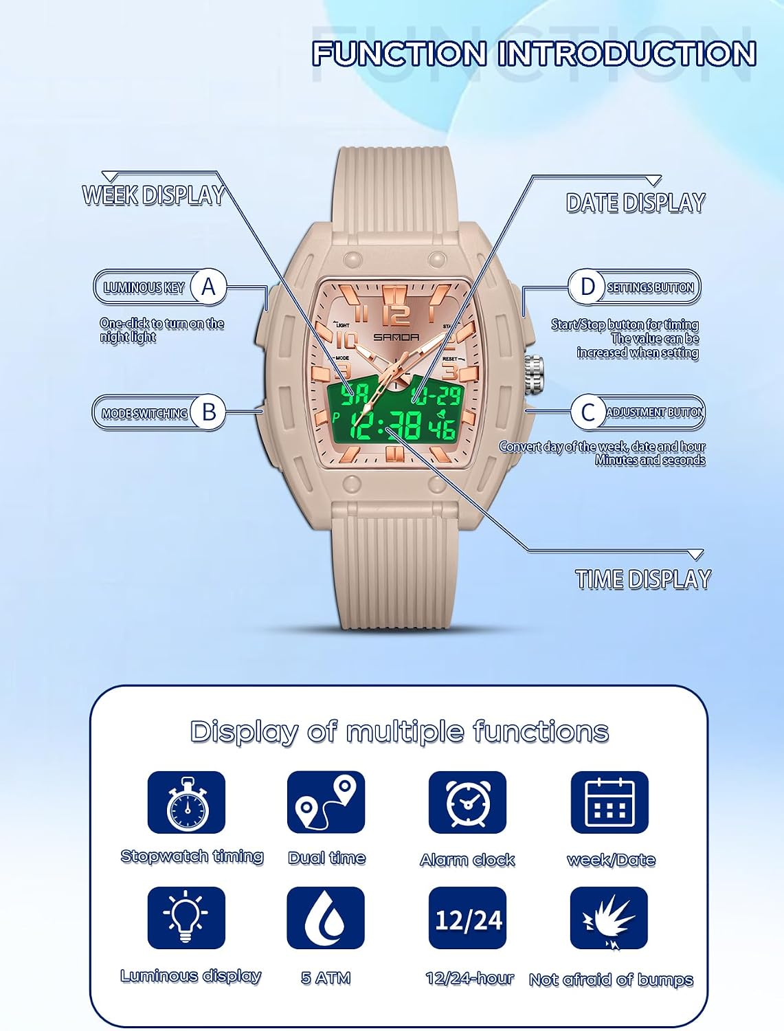Women Watch for Women Unique Rectangle Watches Digital Analog Sports Watch for Ladies Students Watches with Alarm Stopwatch Waterproof Hourly Chime 12/24H LED Light Multi-Function Wristwatch