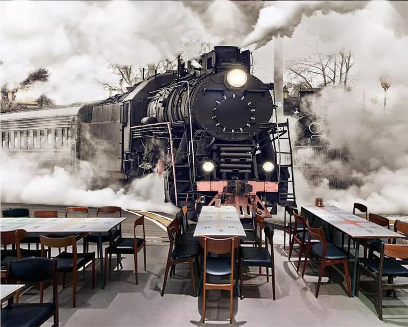 Papier peint train à vapeur 3D pour agrandir un salon ou un bar sombre