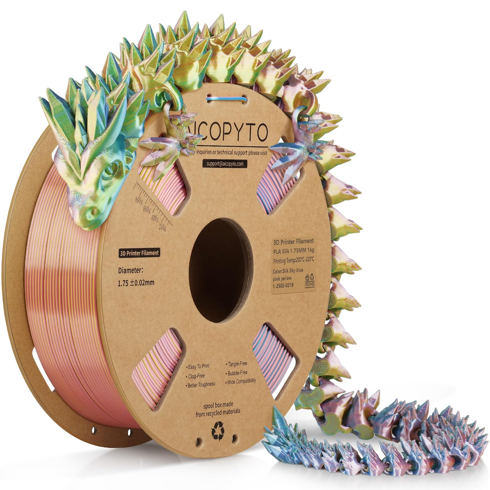 3D Printer Silk PLA Filament 1.75mm, Shiny Triple Color Sky-Blue Pink Yellow, Dimensional Accuracy +/- 0.02 mm, 1KG (2.1lbs)/Spool Easy to Print for Most FDM 3D Printers