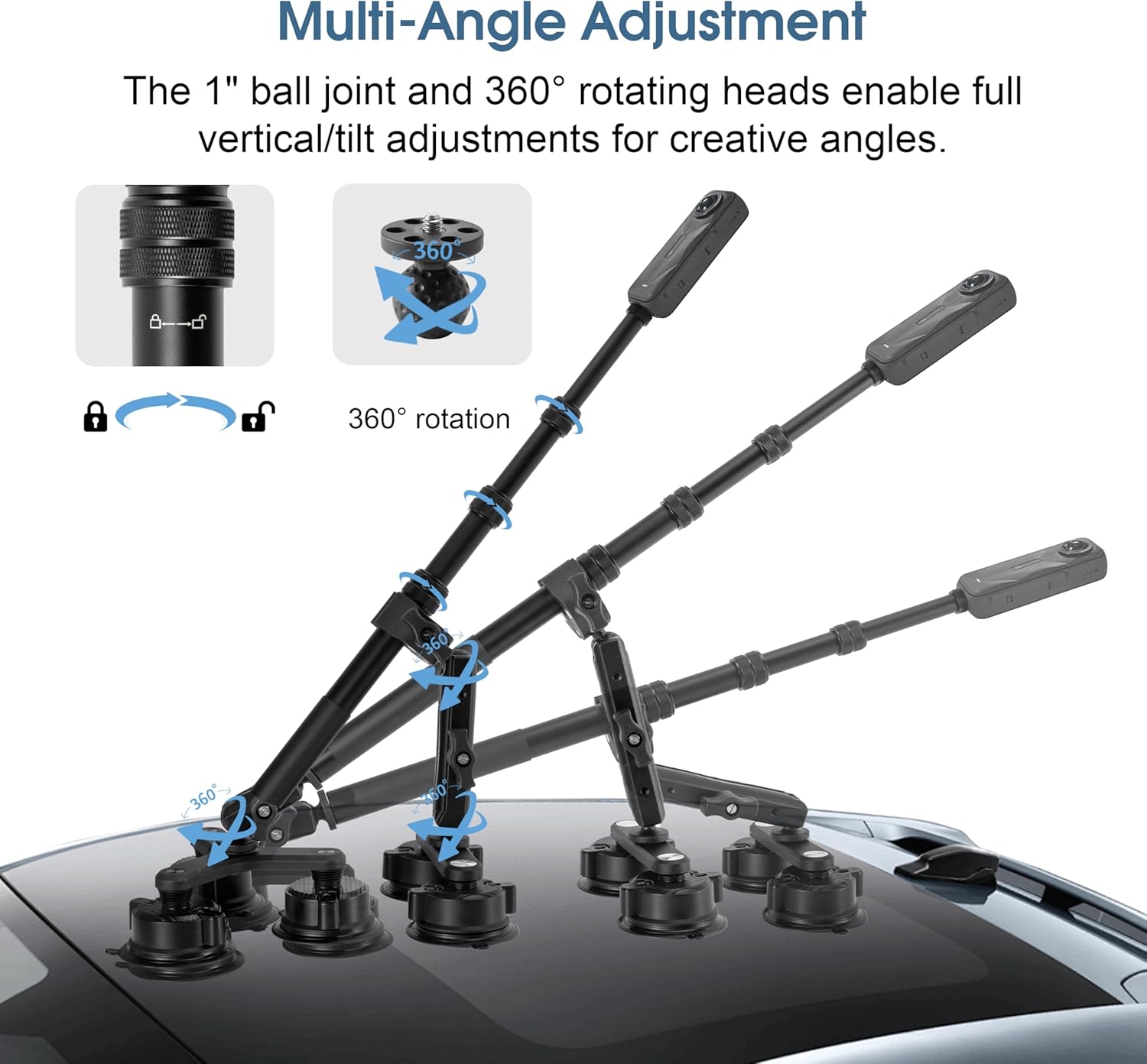 Suction Cup Car Mount for Insta360, for GoPro, Action Camera Car Mount Kit for Insta 360/Go Pro Accessories, Outside Windshield Camera Holder with 9.25 inch Selfie Stick, Triple Suction Cup Base