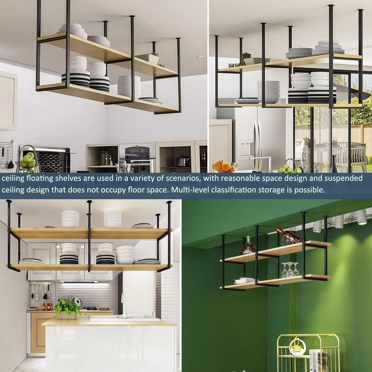 European 2-Layer Floating Ceiling Shelf - Wall-Mounted Storage Rack for Kitchen, Wine Holder & Home Decor - Stylish Organizer (110x30x80cm)