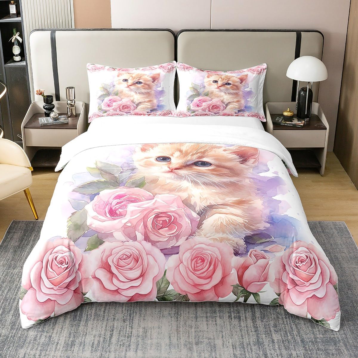 Manfei Twin Size Duvet Cover Kawaii Cat 100% Pure Cotton Bedding Set Kids Cute Animal Kitten Pet Bedding Set Floral Pink Rose Blossoms Comforter Cover for Room Decor 2 PCS(Not Comforter)