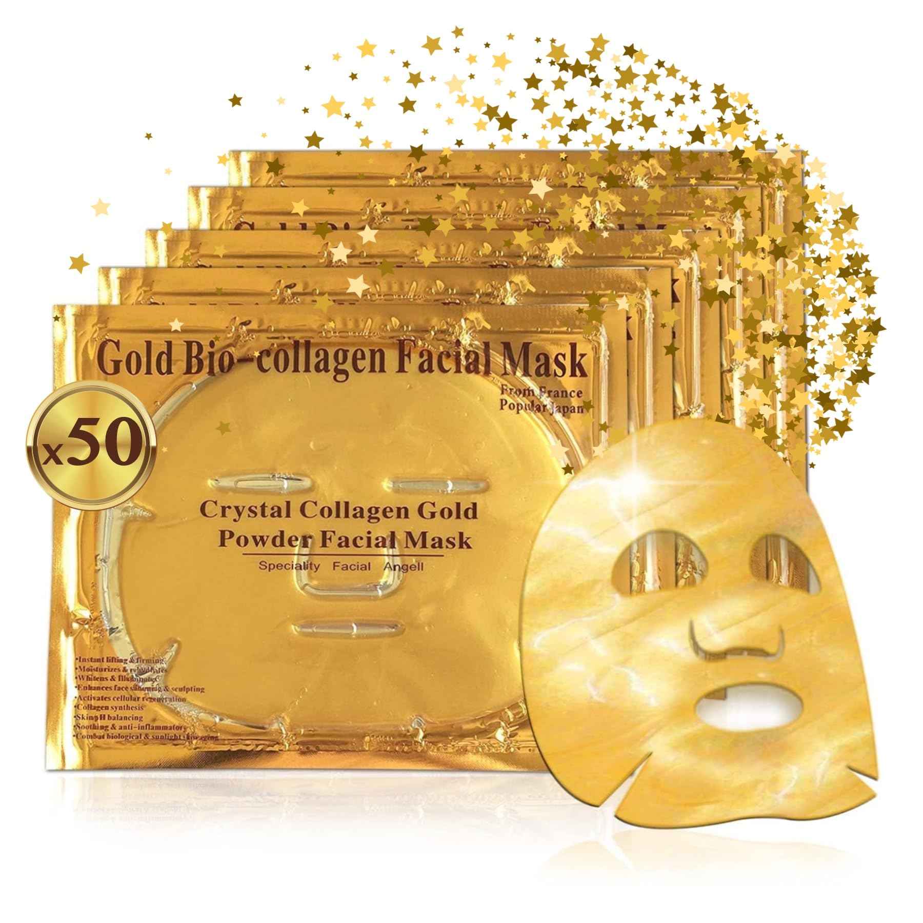 Crystal Collagen Gold Gel Gesichtsmaske 24k - Luxus Anti-Aging Gel Maske, Tuchmaske - Feuchtigkeitsspendend & verjüngend - reduziert Feine Linien, Augenringe & geschwollene Augen (Stück:50)