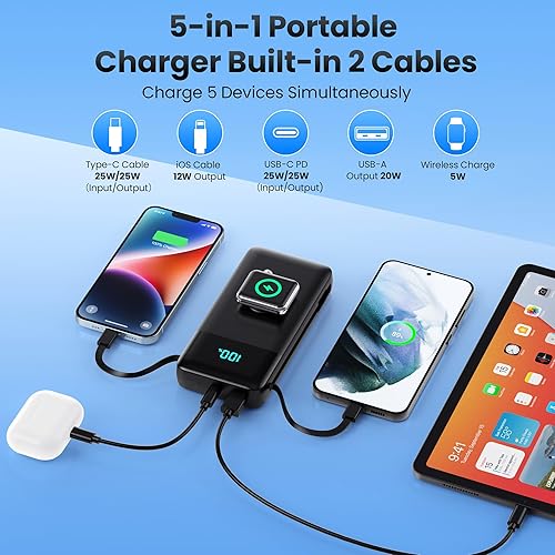 Miniatura 2 de Cargador portátil de 40800 mAh para iPhone con cable integrado y cargador iWatch, cargador USB C de carga rápida de 25 W PD, batería esencial de