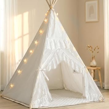 Little Dove Teepee Tent for Kids with Star Lights, Mat & Carry Bag, Premium Cotton Canvas Kids Play Tent with Wooden Poles, Easy Assembly, Foldable Indoor Outdoor Playhouse, Gift for Boys Girls