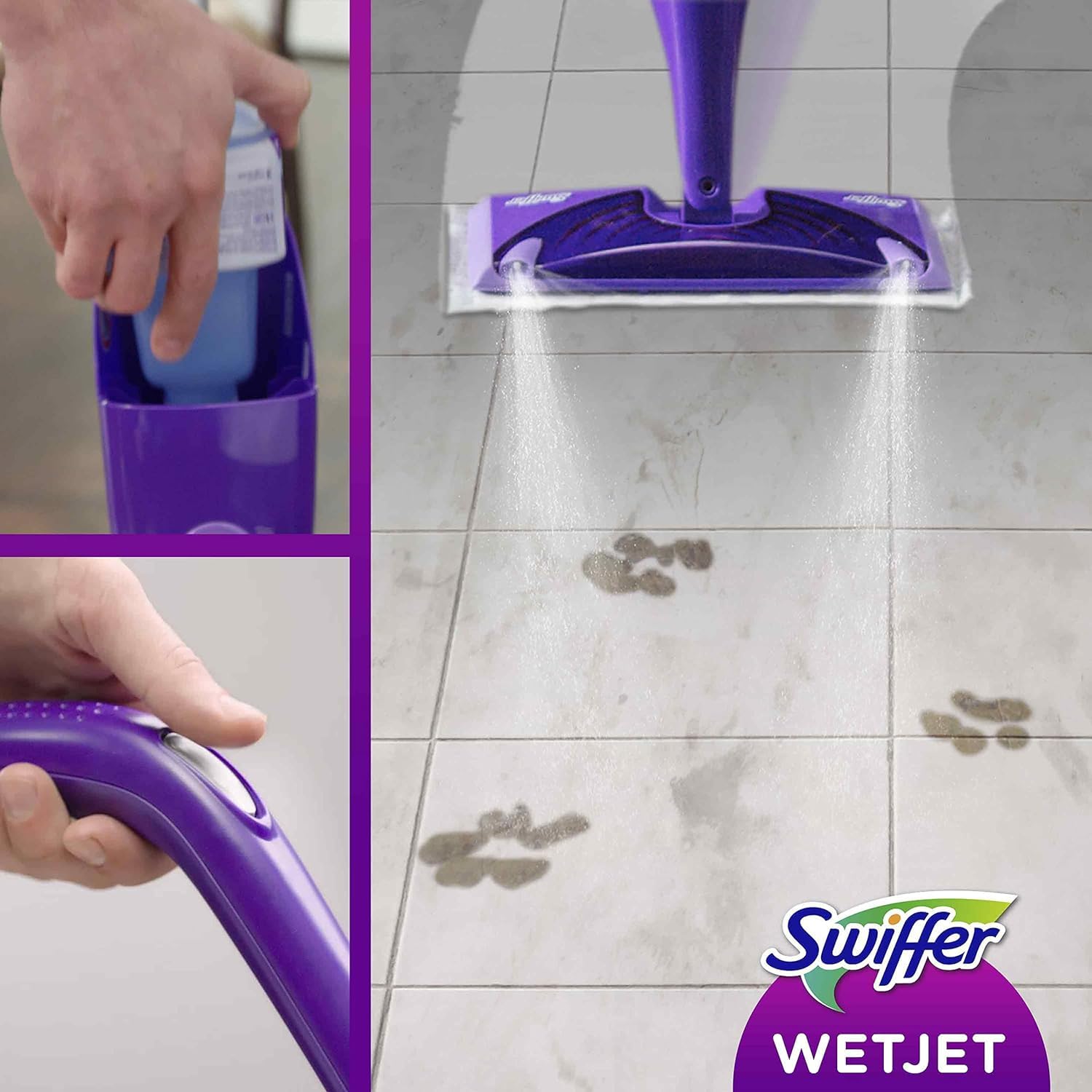 Swiffer Wetjet - Set di spazzole a spruzzo, 1 ricarica da 1,25 l WetJet e 10 salviette, trattiene polvere e sporco, progettato per tutti i tipi di pavimenti (1)
