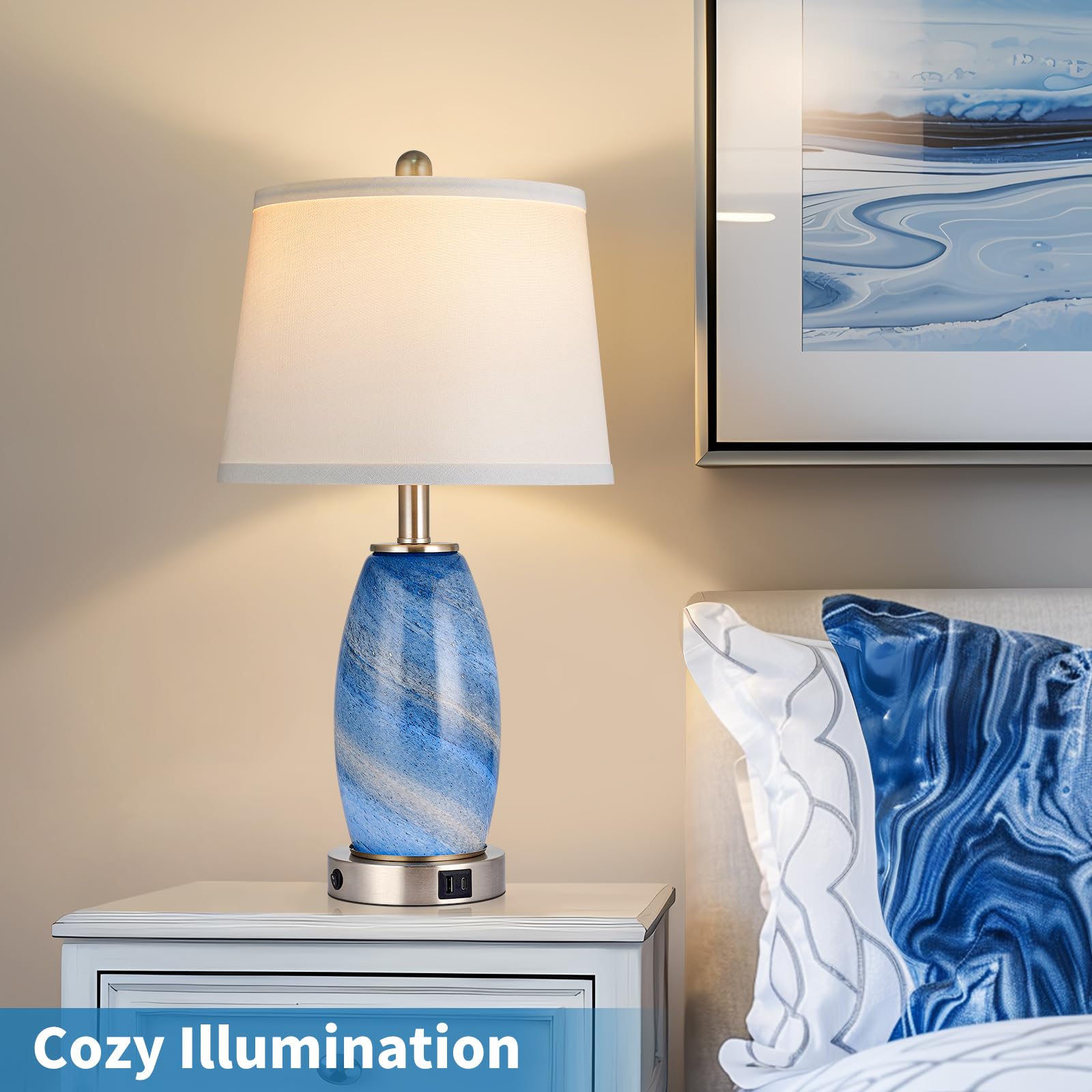 Lovlast Blaue Lampen 2er Set für Schlafzimmer & Nachttisch mit 3-Wege-Beleuchtungsmodi & USB C+A - Moderner Stil Glas Nachttisch Tischlampen für Wohnzimmer & Schlafzimmer Dekoration (59.7 cm H)