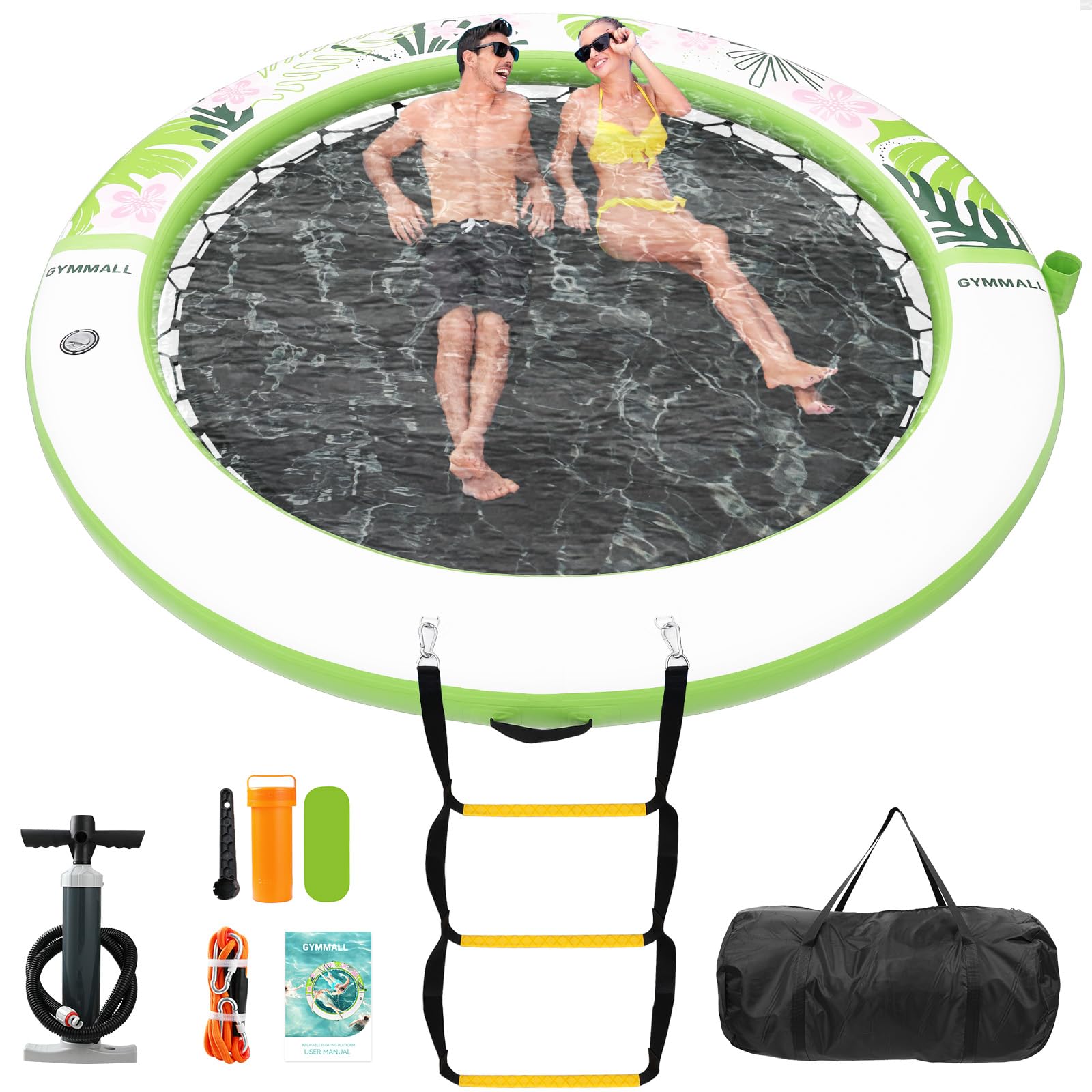 GYMMALL Inflatable Water Hammock Floating Dock 8 FT with Mesh, Tanning Pool Float Round Ring for Adults, Sunchill Mat Raft Platform for Lake and Beach with Water Ladder and Cup Holder