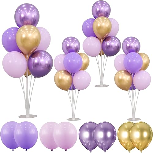 Juego de 4 soportes para globos para mesa, color morado y dorado, palos con base para centro de mesa, fiesta de cumpleaños, baby shower, decoración