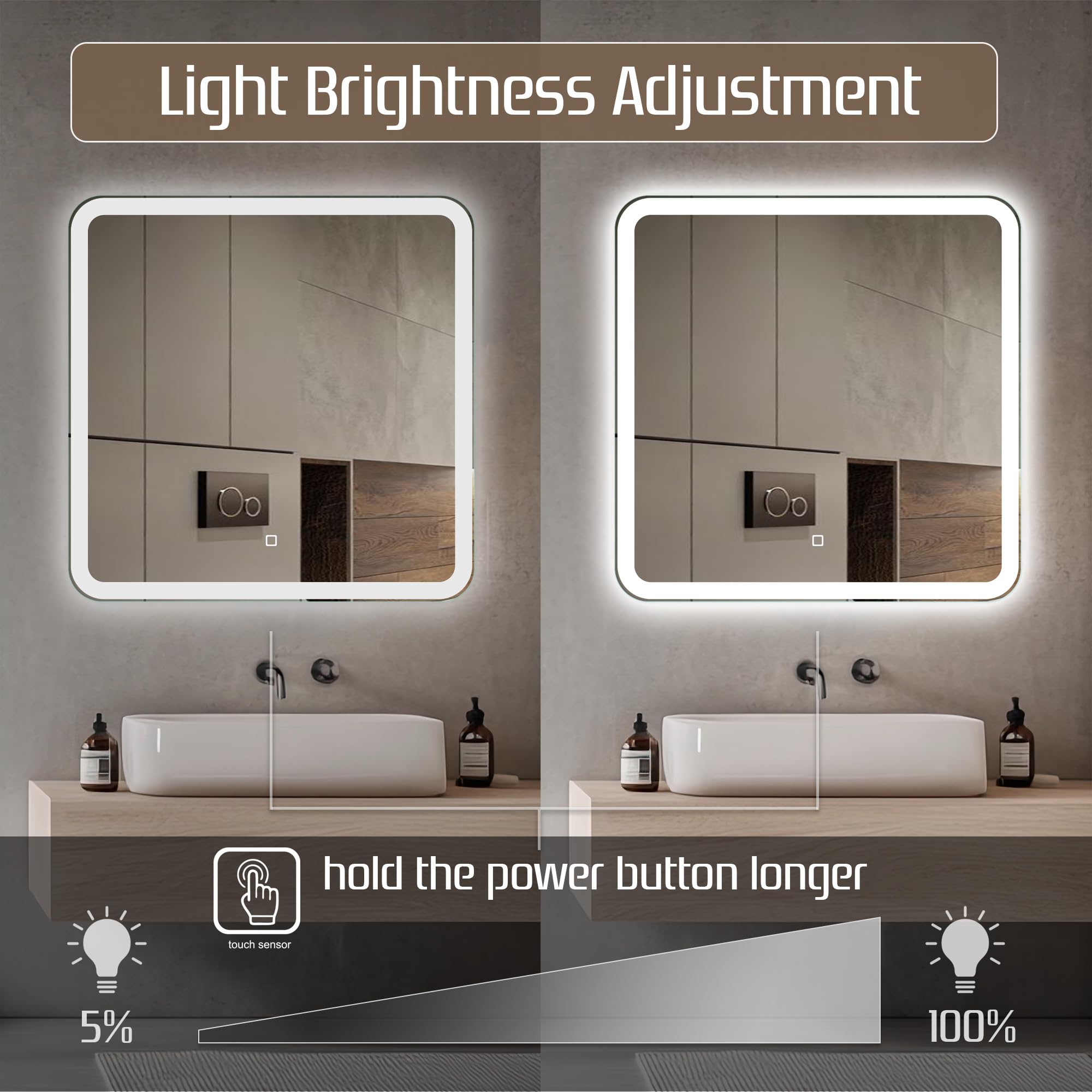 Venti Specchio Bagno Bagno Quadrato 60x60cm Luce LED, Specchio Bagno Retroilluminato, con Interruttore Touch, Angoli arrotondati con luce LED Frontale Bianca Naturale