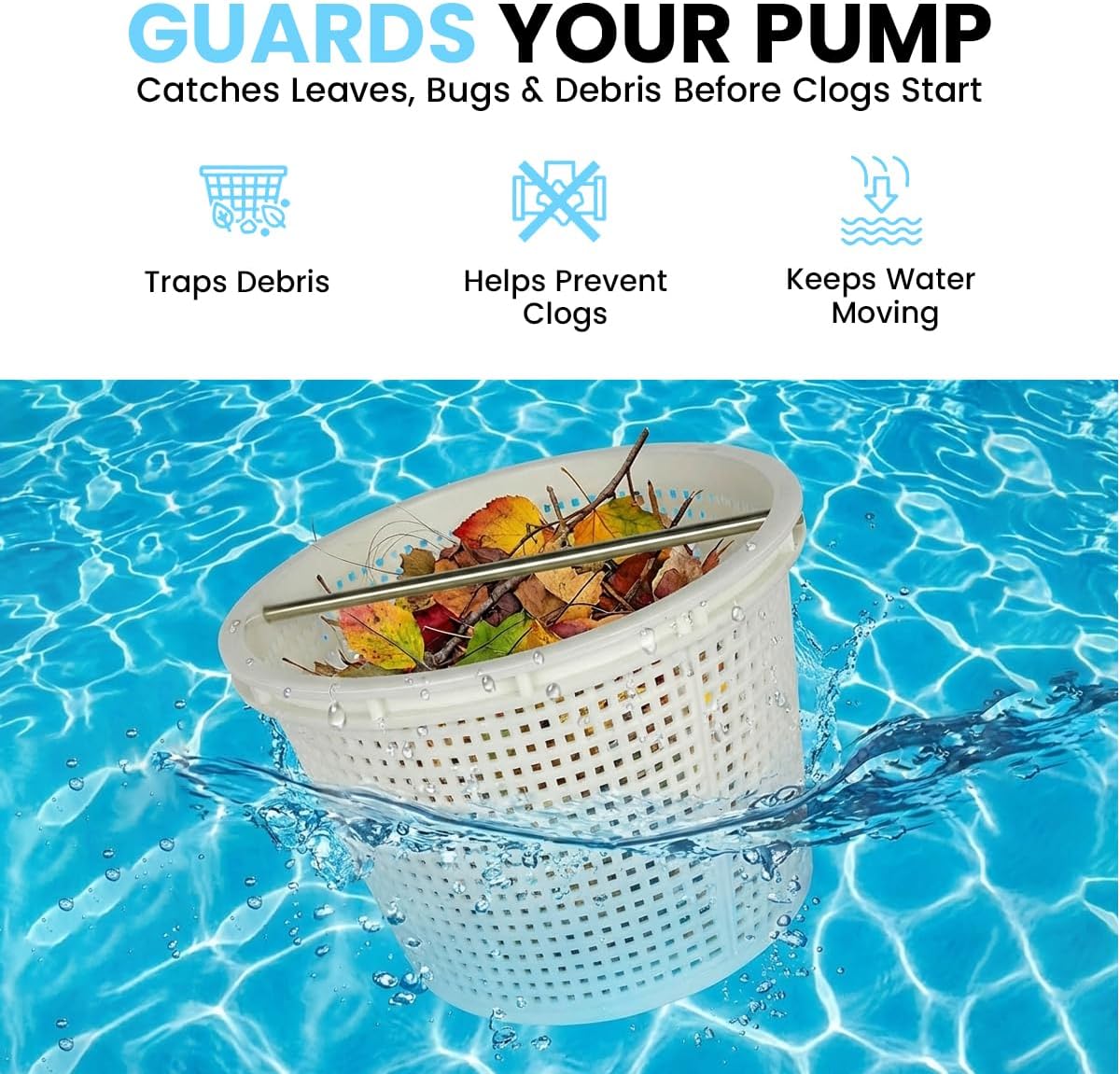 RV22110U Heavy‑Duty Pool Skimmer Basket – Compatible with Pentair U‑3  Skimmer Basket 08650‑0007 & Hayward  SPX1070E – 8″ Top, 6.5″ Height, 6.75″ Bottom – Made in USA Built-in Brass Handle & Weight
